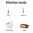 Collection of kitchen tools including a knife, peeler set, cooking spoons, and a polpat on a white background.