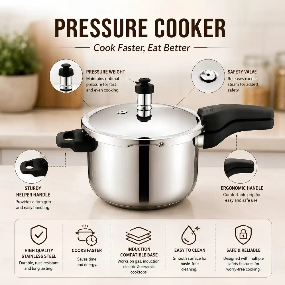 Stainless Steel Pressure Cooker | Heavy Gauge Induction Base Pressure Cooker