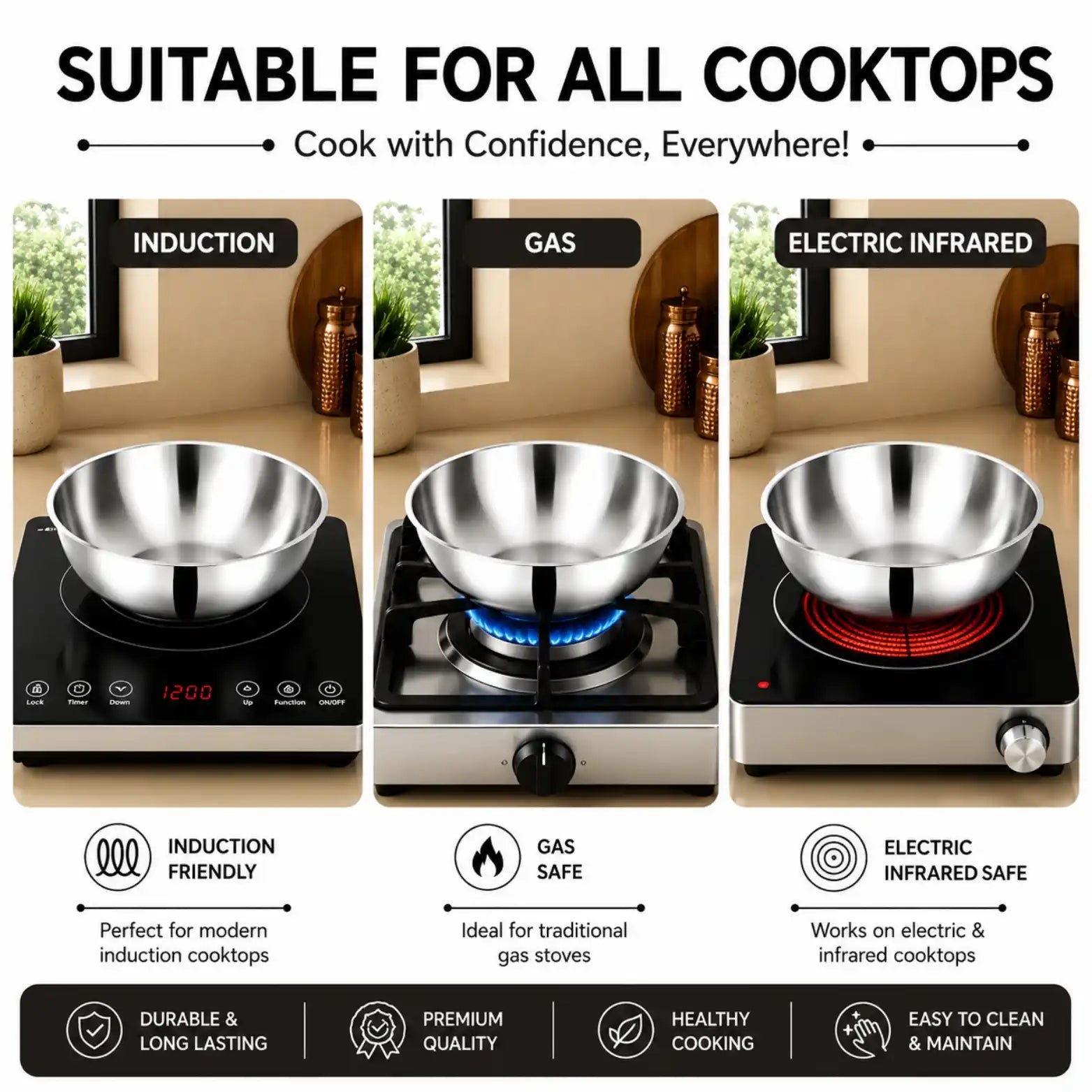 A promotional infographic showing a stainless steel electric burner pot on three different cooktop types: induction, gas, and electric infrared. The graphic includes text labels, icons, and feature badges at the bottom, all on a white background with a black header.