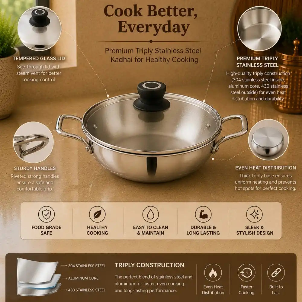 Stainless steel kadhai with features highlighted on a brown background