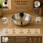Stainless steel kadhai with features highlighted on a brown background