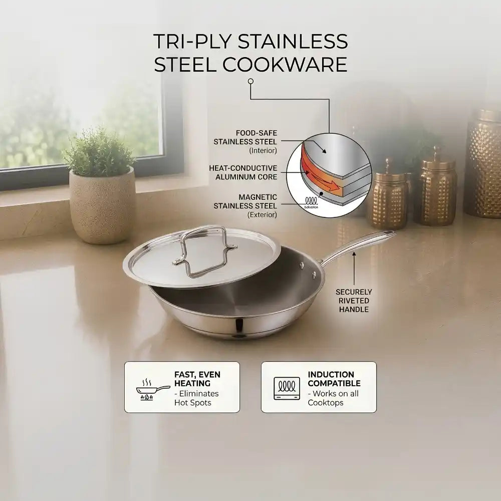 Triply Stainless Steel Fry Pan with SS Lid | Induction Compatible Deep Frying Pan