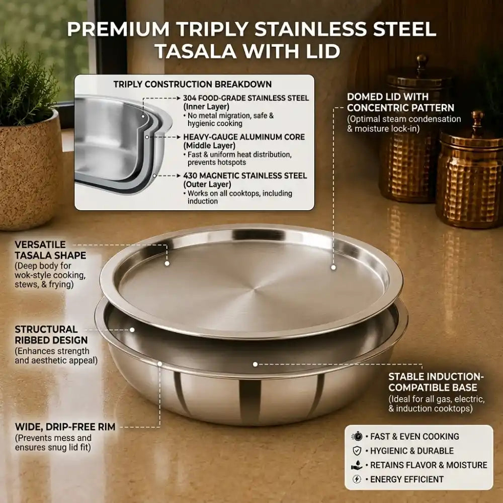Stainless steel tasala with lid on a wooden surface, featuring technical details and benefits.
