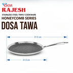 Stainless steel triply cookware pan labeled 'DOSA TAWA' with overlaid dimension lines showing 51.5 cm width, 31.