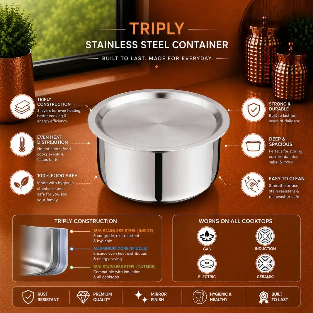Triply stainless steel container with matching lid placed on a modern orange kitchen countertop near a window. Premium food-grade mirror-finish storage container designed for storing cooked food, rice, dal, curries, vegetables, and everyday kitchen essentials. Durable, rust-resistant, hygienic, and suitable for daily household use.
