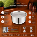 Triply stainless steel container with matching lid placed on a modern orange kitchen countertop near a window. Premium food-grade mirror-finish storage container designed for storing cooked food, rice, dal, curries, vegetables, and everyday kitchen essentials. Durable, rust-resistant, hygienic, and suitable for daily household use.