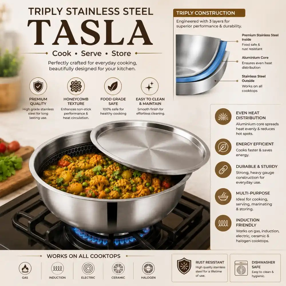Stainless steel pot with food on a stove, surrounded by text about the product's features.