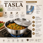 Stainless steel pot with food on a stove, surrounded by text about the product's features.