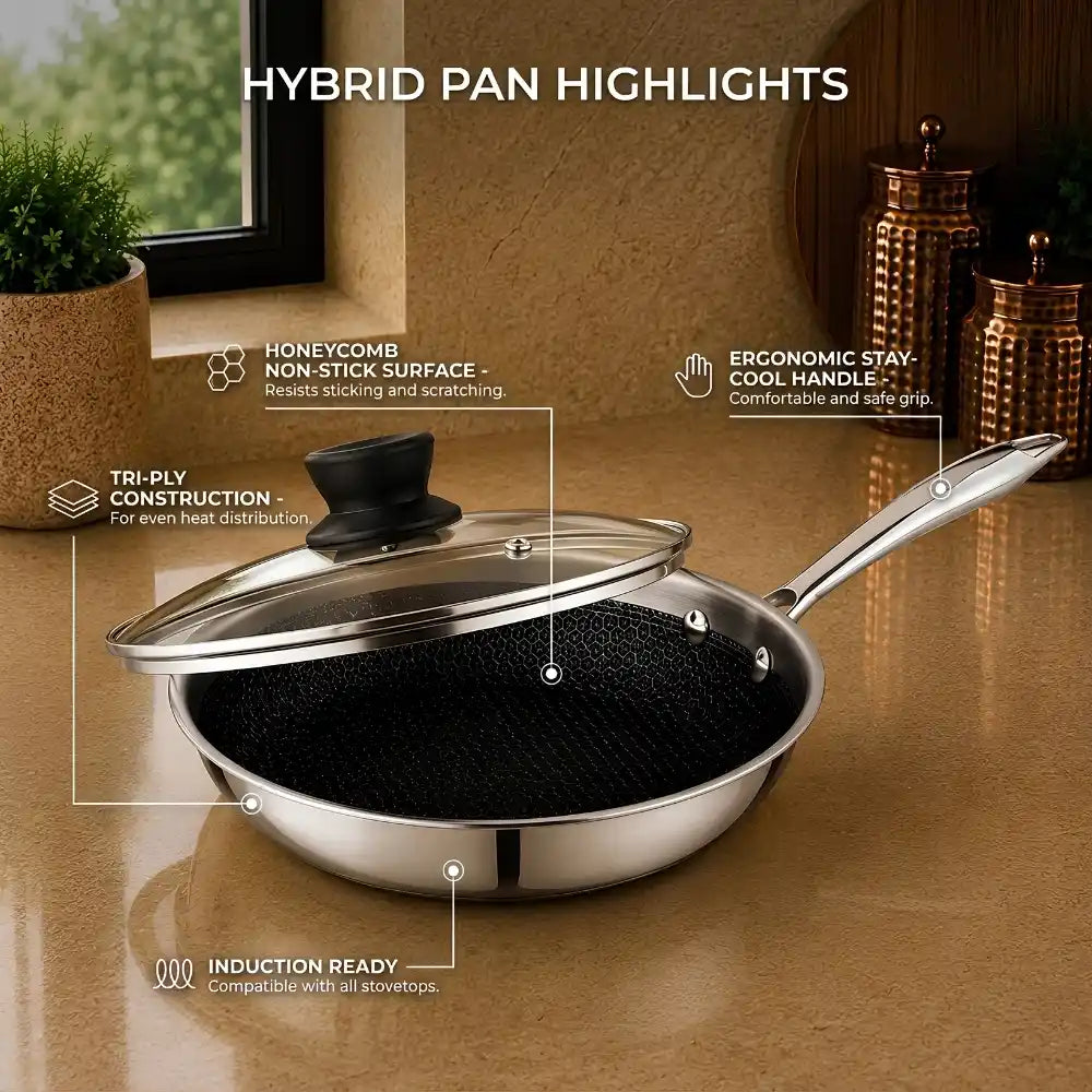 Honeycomb Stainless Steel Fry Pan with Glass Lid | Non-Stick Hex Pattern Frying Pan