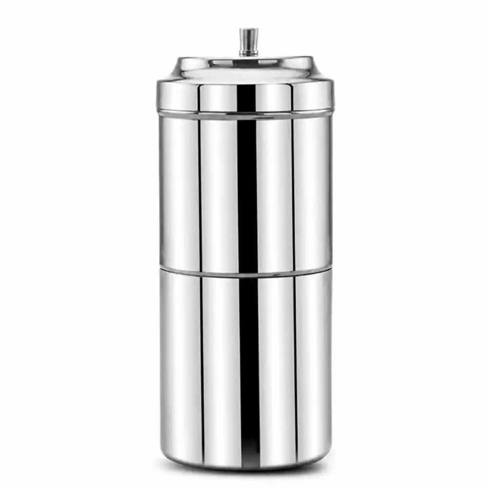 Silver cylindrical container with a lid on a white background