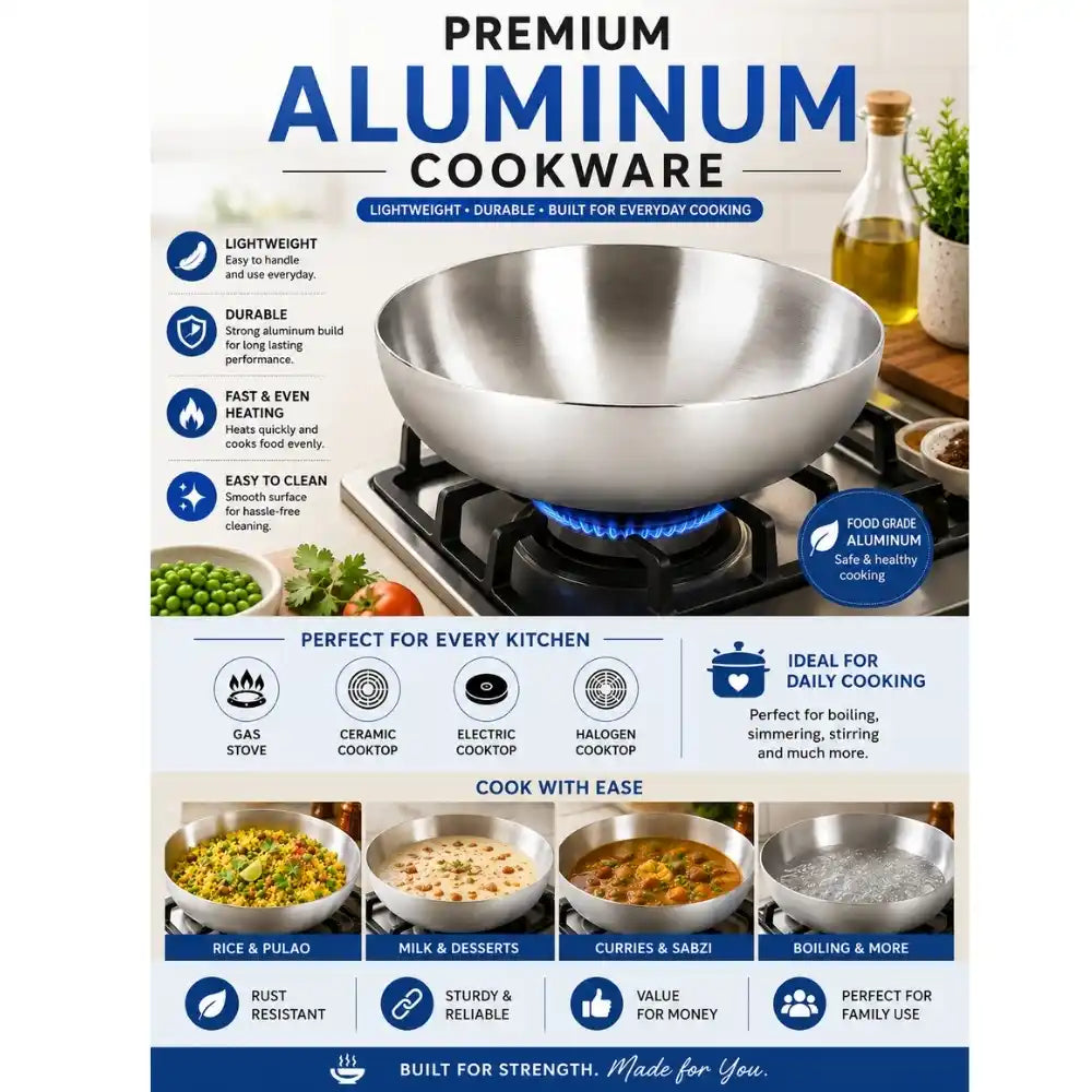 Advertisement for premium aluminum cookware with a wok on a stove, surrounded by ingredients and text highlighting features.