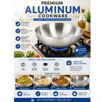 Advertisement for premium aluminum cookware with a wok on a stove, surrounded by ingredients and text highlighting features.