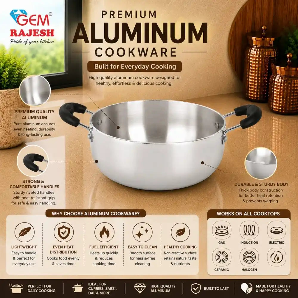 Aluminum cookware set with features and benefits on a brown background
