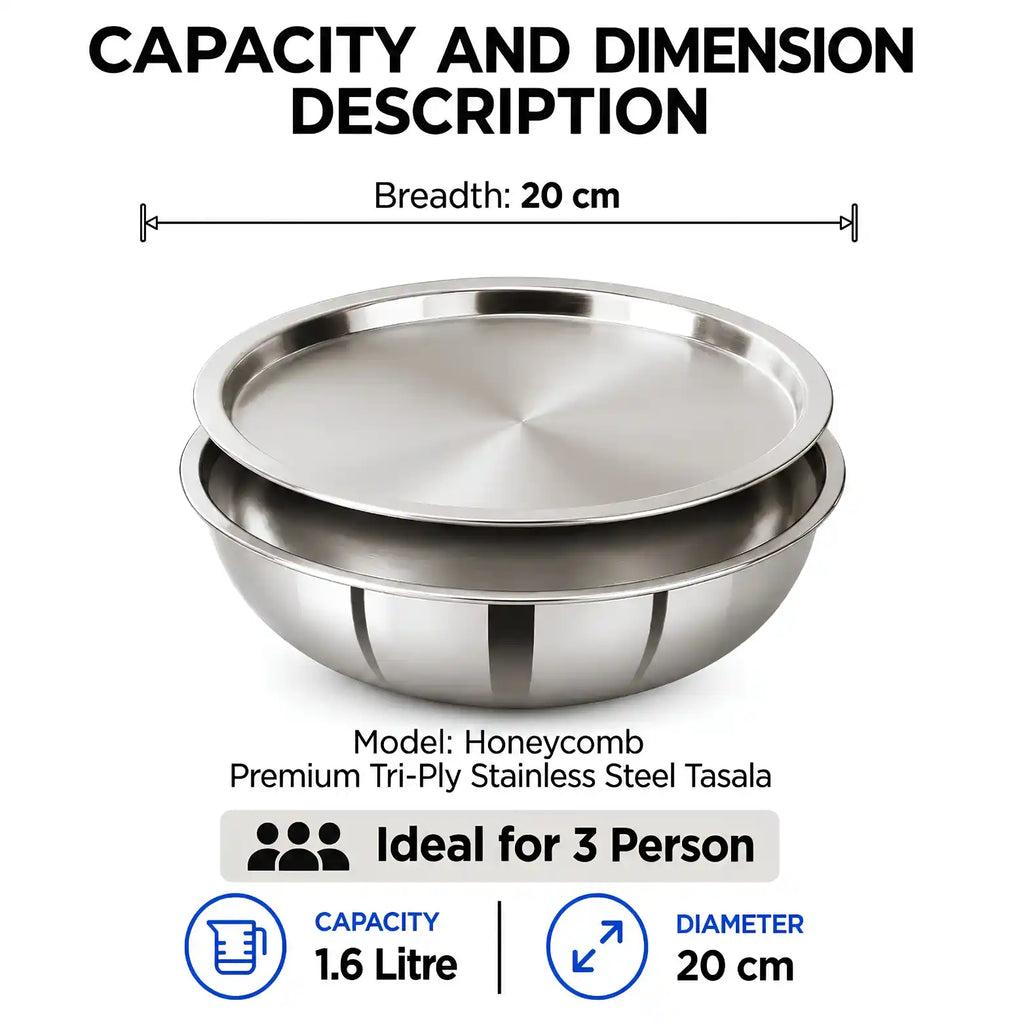 Capacity and dimension description graphic for a stainless steel tasala bowl set, showing a stack of two bowls with text indicating 20 cm breadth, 1.6 litre capacity, 20 cm diameter, and Honeycomb model.