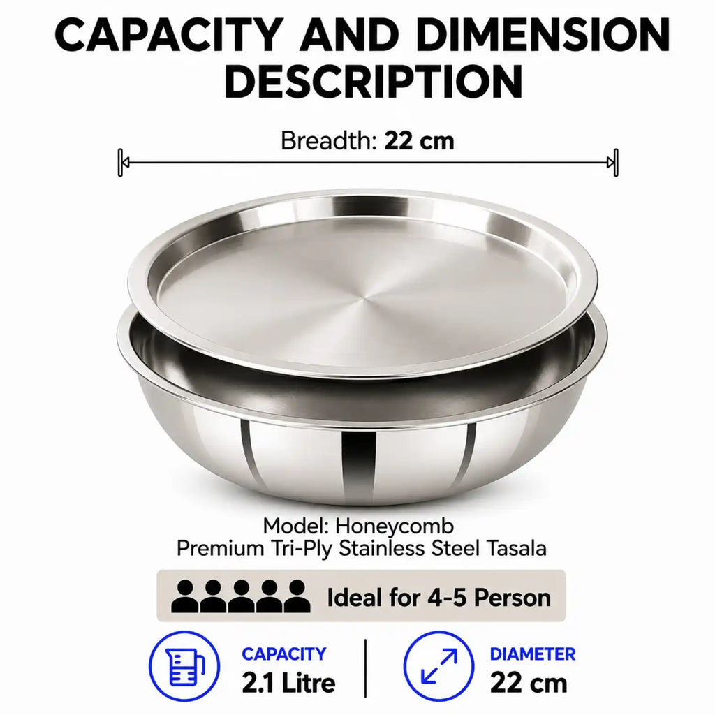 A stainless steel tasala bowl with a matching lid, shown on a white background with text detailing its dimensions, capacity, and features.