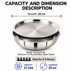 A stainless steel tasala bowl with a matching lid, shown on a white background with text detailing its dimensions, capacity, and features.