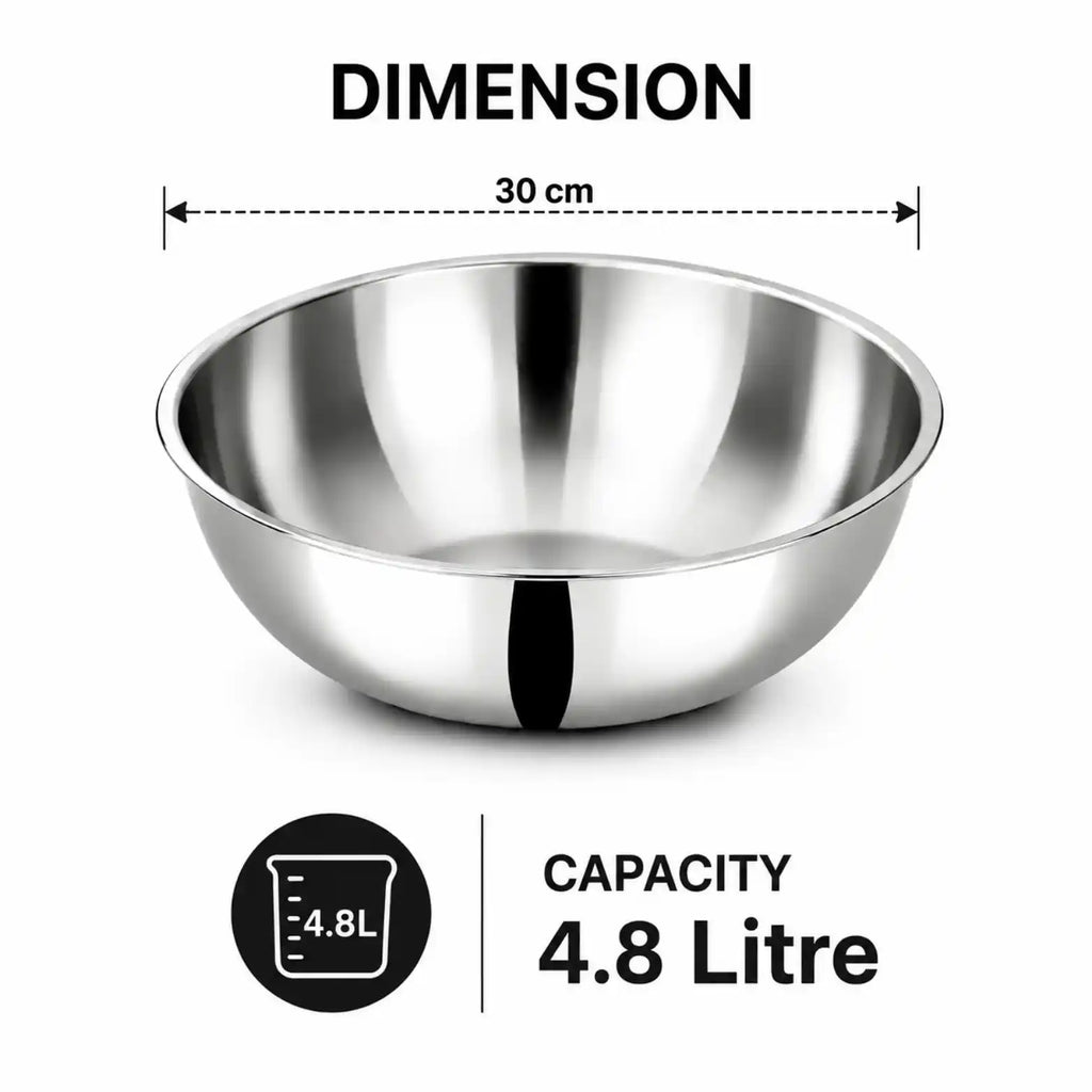 A stainless steel bowl shown on a white background with dimension and capacity text. The top text reads 'DIMENSION' with a 30 cm width measurement above the bowl, and the bottom text reads 'CAPACITY 4.