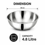 A stainless steel bowl shown on a white background with dimension and capacity text. The top text reads 'DIMENSION' with a 30 cm width measurement above the bowl, and the bottom text reads 'CAPACITY 4.