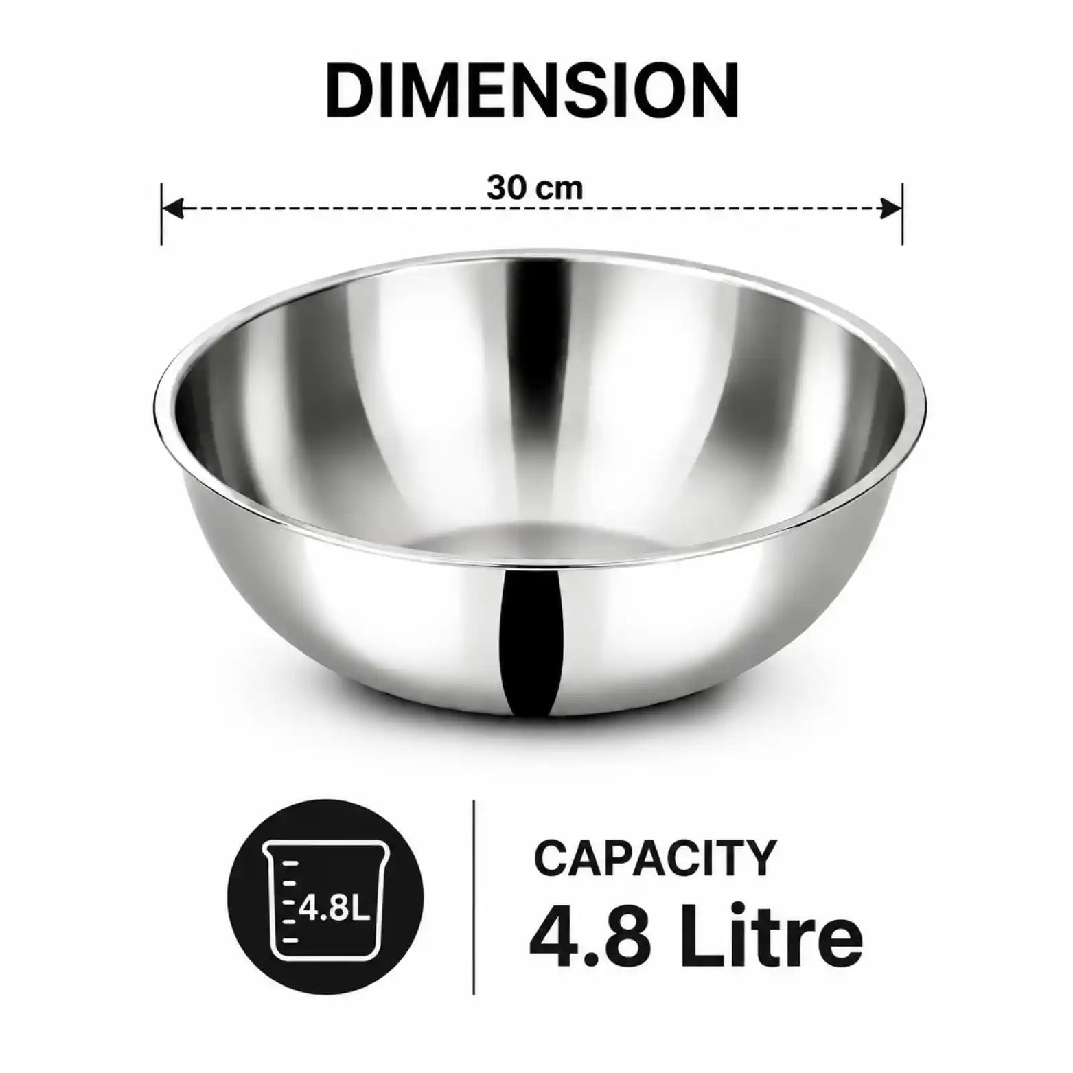 A stainless steel bowl shown on a white background with dimension and capacity text. The top text reads 'DIMENSION' with a 30 cm width measurement above the bowl, and the bottom text reads 'CAPACITY 4.