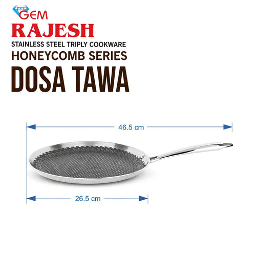 A stainless steel triply cookware pan labeled 'DOSA TAWA' with dimension markings showing 46.5 cm width and 26.