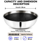 A stainless steel tasala bowl with a honeycomb-patterned black interior, shown with dimension labels indicating a diameter of 28 cm and capacity of 4 litres. The image includes text describing the product's dimensions, model, and suitability for 7-8 people.