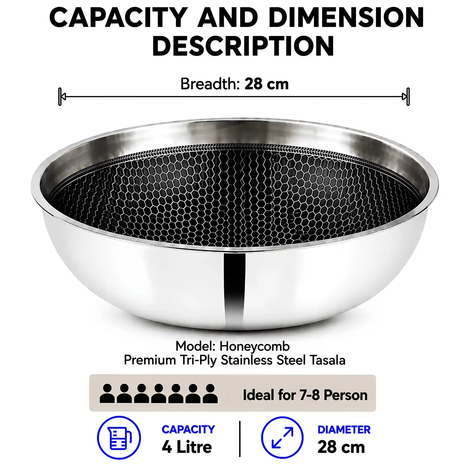 A stainless steel tasala bowl with a honeycomb-patterned black interior, shown with dimension labels indicating a diameter of 28 cm and capacity of 4 litres. The image includes text describing the product's dimensions, model, and suitability for 7-8 people.