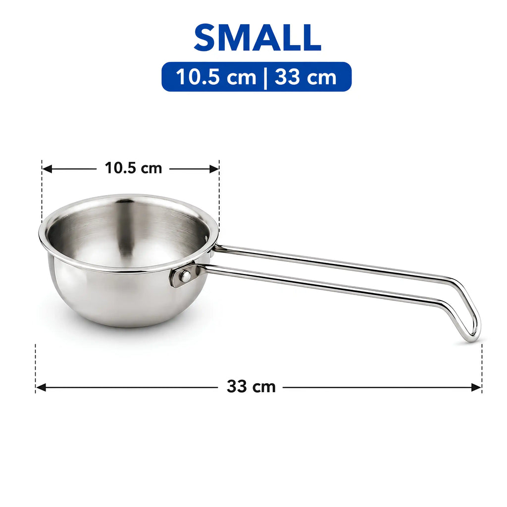 A stainless steel small saucepan with a long handle, shown with dimension lines and text indicating measurements of 10.5 cm and 33 cm, on a white background.