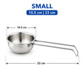 A stainless steel small saucepan with a long handle, shown with dimension lines and text indicating measurements of 10.5 cm and 33 cm, on a white background.