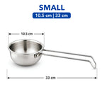 A stainless steel small saucepan with a long handle, shown with dimension lines and text indicating measurements of 10.5 cm and 33 cm, on a white background.