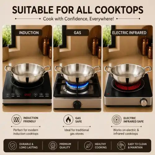 Triply Stainless Steel Kadhai Without Lid | 3 Layer Cooking Kadai for Sabji