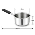 A stainless steel saucepan with a black handle on a white background, overlaid with dimension lines showing 13 cm interior width, 7 cm height, and 26.5 cm total diameter.