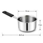 A stainless steel saucepan with a black handle on a white background, overlaid with dimension lines showing 13 cm interior width, 7 cm height, and 26.5 cm total diameter.