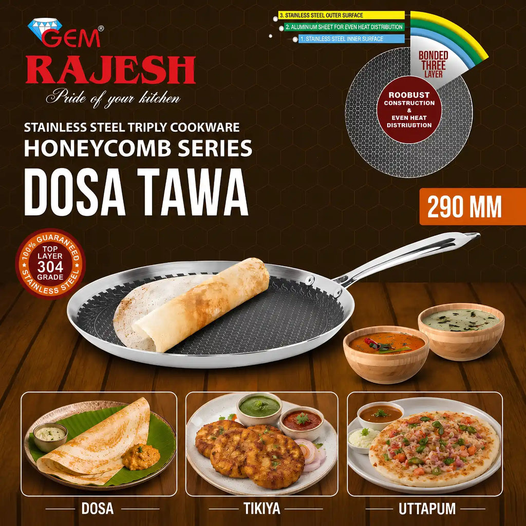 GEM Rajesh Stainless Steel Triply Cookware Honeycomb Series Dosa Tawa, 290 mm diameter, shown with a dosa on a dark textured non-stick pan. The image features a dark brown wood-grain background with product specifications, a 304 steel guarantee badge, a bonded three-layer seal graphic, and three sample food dishes (Dosa, Tikiya, Uttapum) at the bottom.