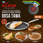 GEM Rajesh Stainless Steel Triply Cookware Honeycomb Series Dosa Tawa, 290 mm diameter, shown with a dosa on a dark textured non-stick pan. The image features a dark brown wood-grain background with product specifications, a 304 steel guarantee badge, a bonded three-layer seal graphic, and three sample food dishes (Dosa, Tikiya, Uttapum) at the bottom.