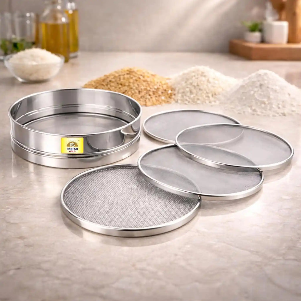 4-in-1 stainless steel chalni (flour sieve) set with interchangeable mesh screens on a modern kitchen countertop, ideal for sifting flour, atta, maida, and grains.