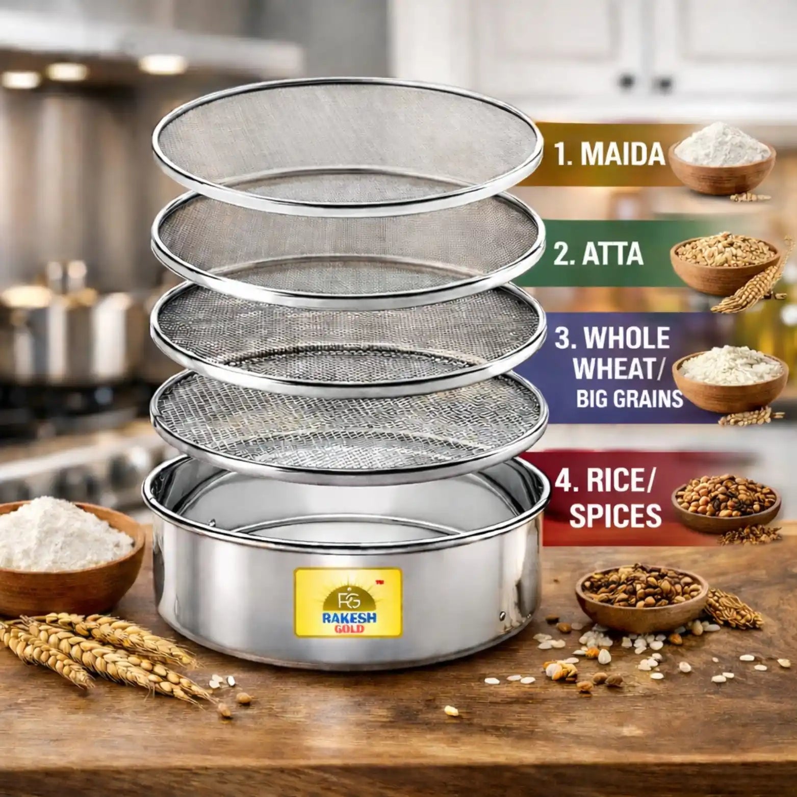 4-in-1 stainless steel chalni (flour sieve) set with interchangeable mesh screens on a modern kitchen countertop, ideal for sifting flour, atta, maida, and grains.