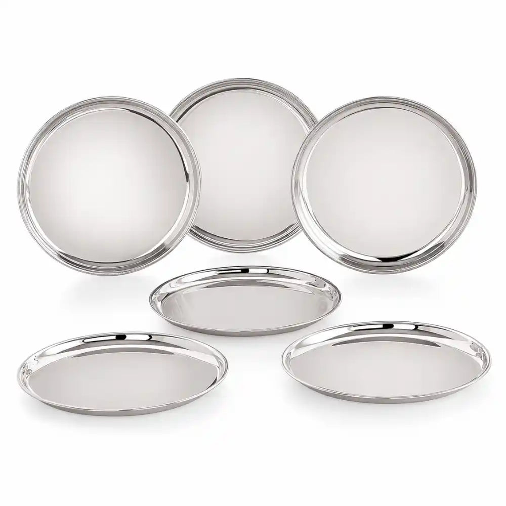 Set of six silver trays on a white background
