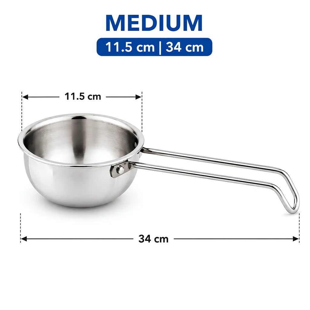 A stainless steel medium saucepan with a long handle, shown with dimension lines and text indicating a size of 11.5 cm by 34 cm.