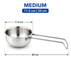 A stainless steel medium saucepan with a long handle, shown with dimension lines and text indicating a size of 11.5 cm by 34 cm.