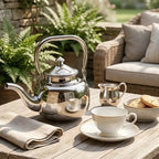 Tea set on a wooden table outdoors with a teapot, cup, and cookies.