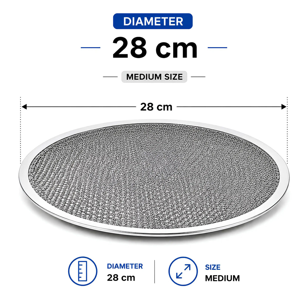 A circular metal mesh filter or grate shown on a white background with dimension labels indicating a diameter of 28 cm and medium size.