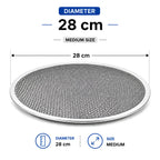 A circular metal mesh filter or grate shown on a white background with dimension labels indicating a diameter of 28 cm and medium size.