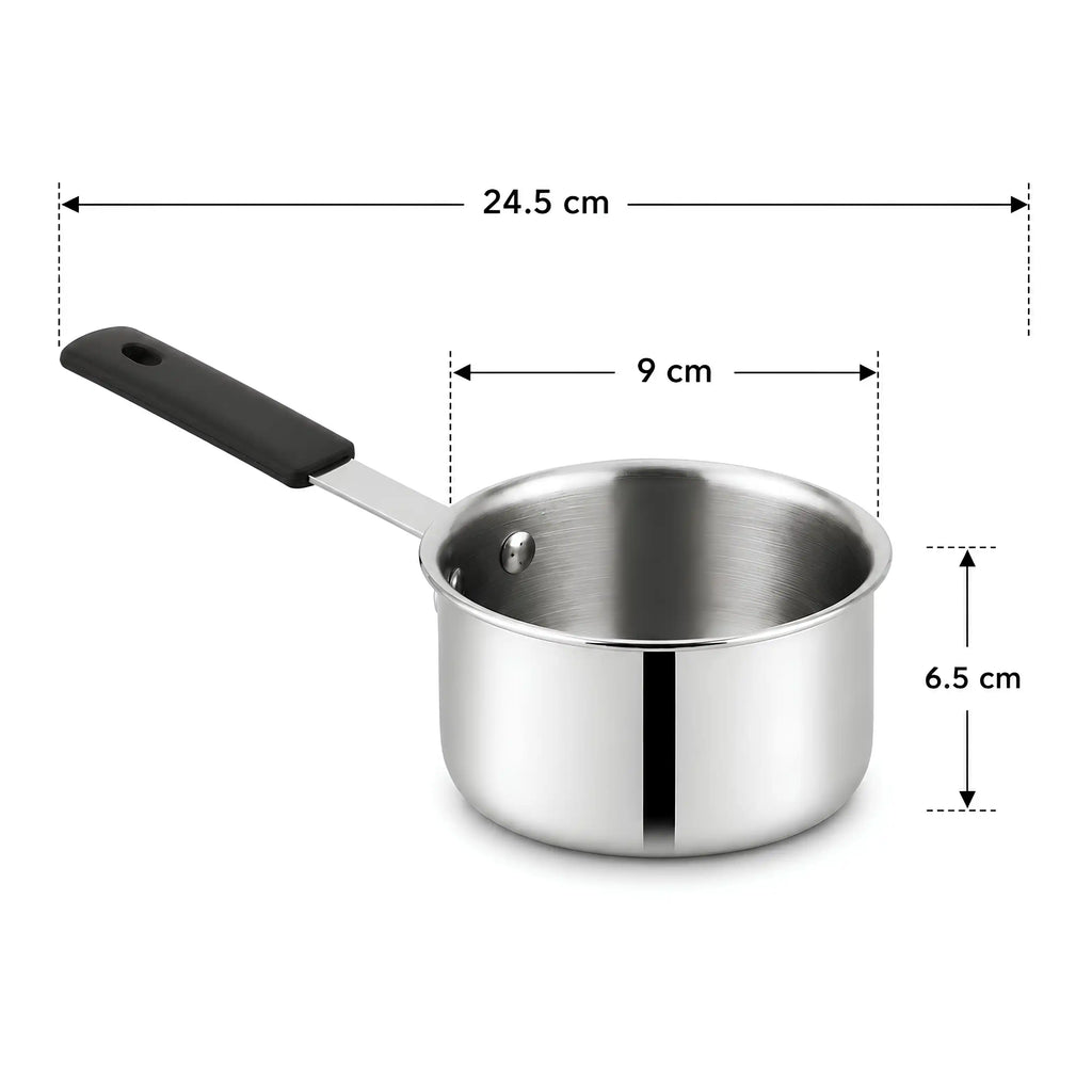 A stainless steel saucepan with a black handle on a white background, overlaid with dimension lines and labels showing 24.5 cm total length, 9 cm pot diameter, and 6.