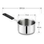 A stainless steel saucepan with a black handle on a white background, overlaid with dimension lines and labels showing 24.5 cm total length, 9 cm pot diameter, and 6.