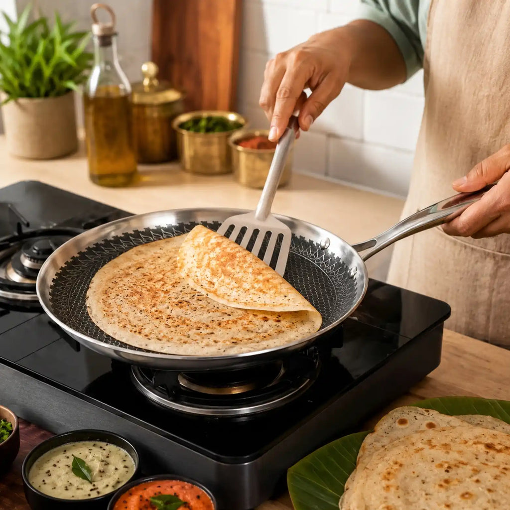 A person wearing a beige apron uses a white spatula to flip a golden-brown dosa in a stainless steel pan on a black portable stove. Small bowls of chutney and a bottle of oil are visible in the background kitchen setting.