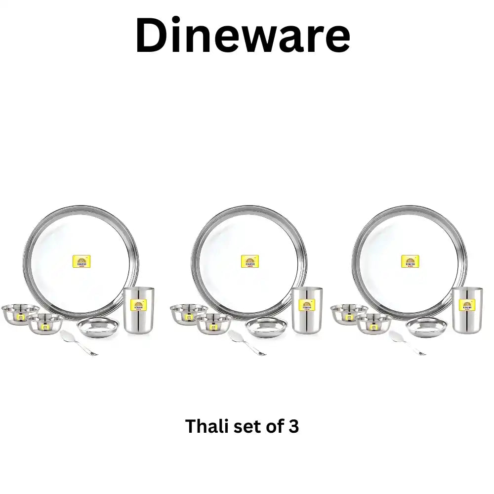 Set of three stainless steel thalis on a white background with 'Dineware' branding.