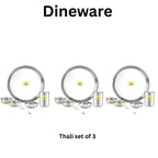 Set of three stainless steel thalis on a white background with 'Dineware' branding.
