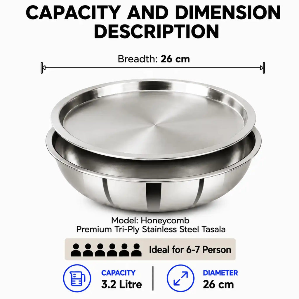 A stainless steel tasla table bowl with a matching lid, shown on a white background with text detailing its dimensions: 26 cm breadth and 26 cm diameter, plus capacity information for 6-7 people.