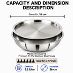 A stainless steel tasla table bowl with a matching lid, shown on a white background with text detailing its dimensions: 26 cm breadth and 26 cm diameter, plus capacity information for 6-7 people.