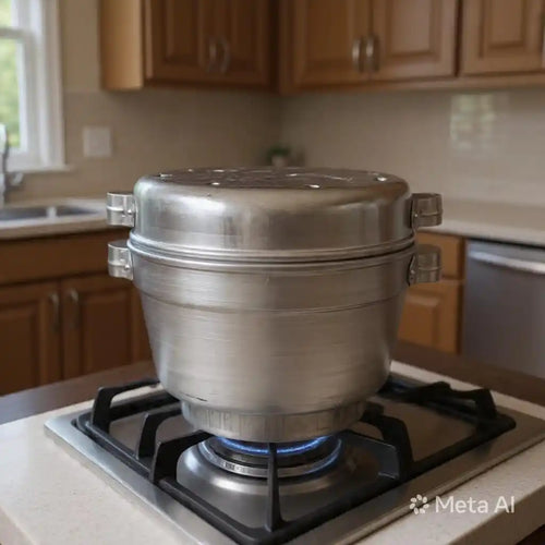 A stainless steel multi-tier steamer pot sitting on a lit blue gas stove burner in a kitchen setting with wooden cabinets in the background.